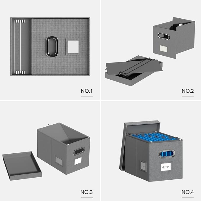 Hanging File Box with Lid, Set of 2 Filing Organizer Storage Box, Linen Collapsible Decorative Office/Home File Cabinet (14x9.3x10.9 inch) (Gray)