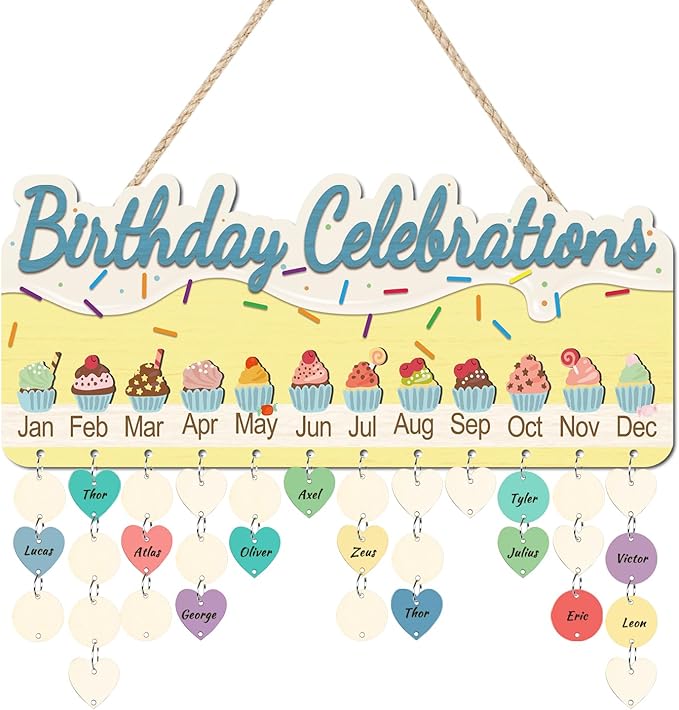 KAlRNE Birthday Calendar Wall Hanging,Family Days Wooden Plaques with Tags,Birthday Celebrations Calendar,Cake Sign Reminder Board,Gifts for Kids Grandparent Anniversary Special Event Classroom Decor