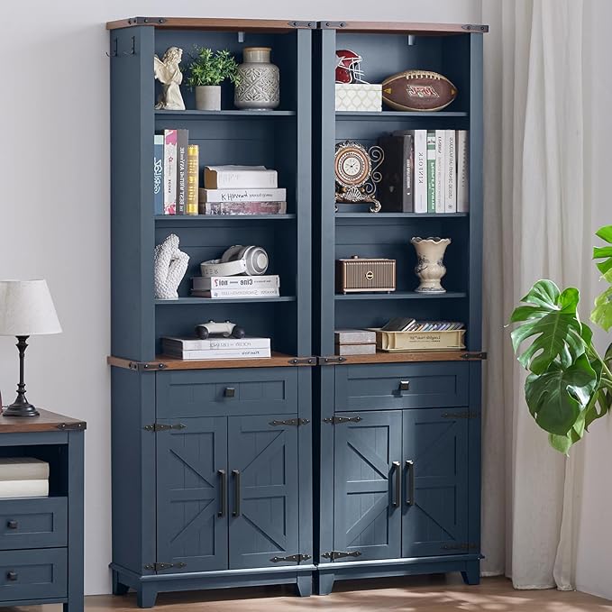 72in Tall Bookshelf 7 Tier Bookcase with Drawer and Barn Doors and Adjustable Shelves, Blue Farmhouse Book Shelf with Storage Cabinet, Wood Freestanding Display Bookshelves for Kitchen (2PCS)