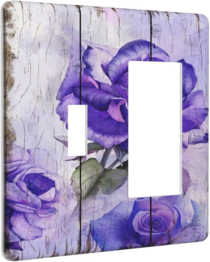 Light Switch Cover Purple Rose Flower Rustic Wood Plank 2 Gang Toggle Rocker Combo Wall Plates Decorative Switch Plates and Outlet Covers Receptacle Cover for Farmhouse Bathroom Decor