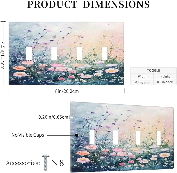 Decorative Switch Plate Covers Pink Floral Wildflower Green Plants 4 Gang Light Switch Cover Plate Quad Toggle Wall Plate Light Switch Covers for Bathroom Decor