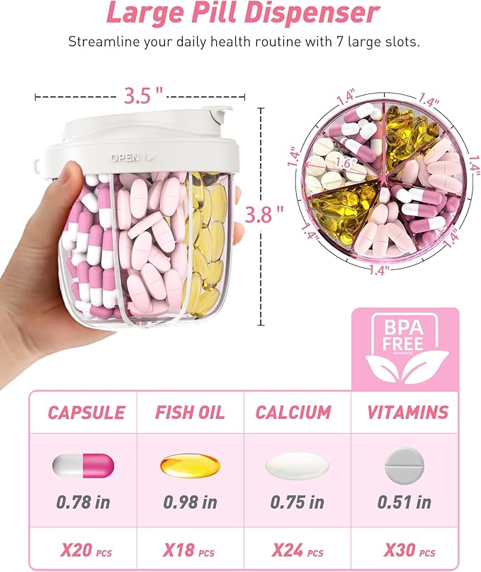 Pill Organizer,Pill Dispenser with 7 Large Compartments,Portable Pill Box for Travel, Anti-Mix Design & Wide Opening Design, Easy Access to Vitamin Dispenser, Includes 20 Blank Stickers(White)