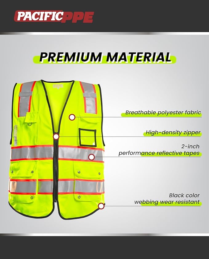 PACIFIC 10 Pockets Safety Vest for Men, 3M High Visibility Reflective Strips with Pockets and Zipper, ANSI Class 2, Yellow, Large