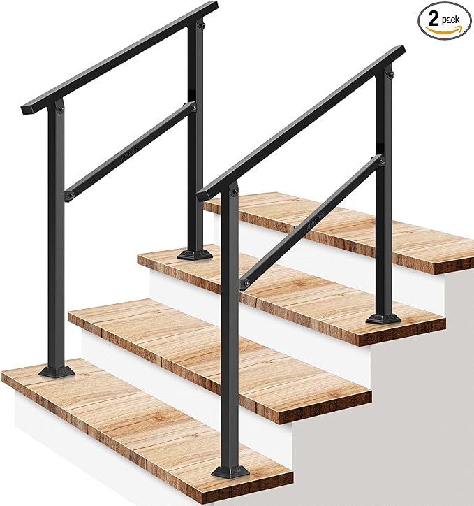 VIVOSUN 2-Pack Outdoor Handrail, 3 Step Stair Handrail, 40" x 36" Fits 1 to 3 Steps, Wrought Mattle Iron Handrail for Concrete Steps, Porch Steps, One-Step Assembly, 2 Packs, Black
