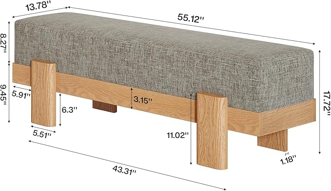 Tribesigns 55-Inch Upholstered Entryway Bench, Modern Shoe Bench with Fabric Padded Seat and MDF Frame, End of Bed Stool for Bedroom, Entrance, Living Room (Gray & Oak)