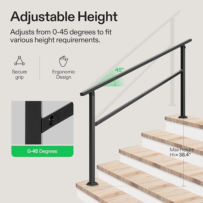 VIVOSUN Outdoor Handrail, 5 Step Stair Handrai, 69" x 36" Fits 1 to 5 Steps, Wrought Mattle Iron Handrail for Concrete Steps, Porch Steps, One-Step Assembly, Black