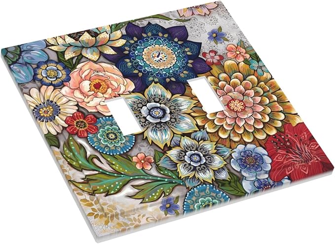 Boho Floral Colorful Floral Multi Color Flower Decorative Switch Plates 2 Gang Double Toggle Outlet Light Switch Cover Wall Plate Electrical Faceplate for Bedroom Living Room Home Decor