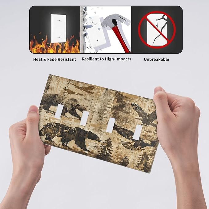 Light Switch Covers Vintage Cabin Wildlife Animal Bear Eagle Forest Quad Toggle Electrical Faceplate 4 Gang Wall Plate Decorative Switch Plates for Farmhouse Bedroom Decor