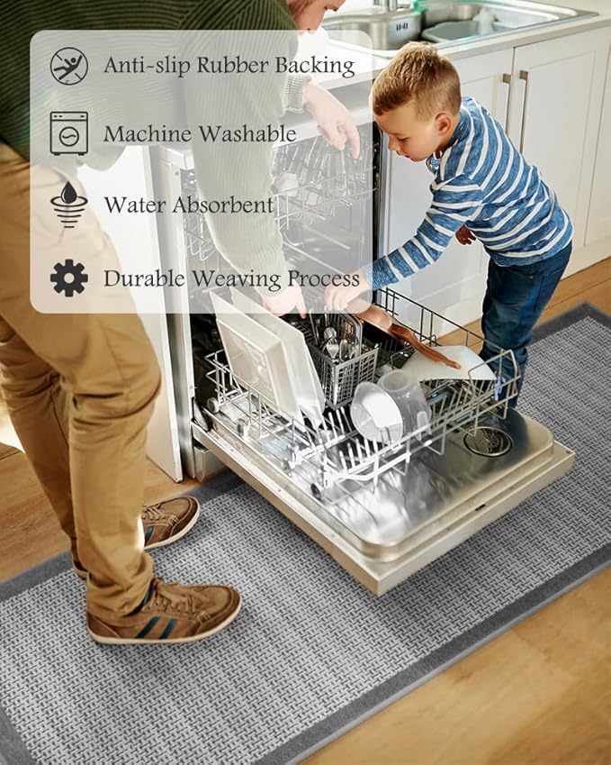 PADOOR Non Slip Kitchen Rugs Sets of 2 - Extra Large 2.5'x6' + 20"x32" (Rectangular + Semicircular) Runner Rugs Non Skid Washable, Absorbent Kitchen Floor Mat for in Front of Sink 2 Piece Grey