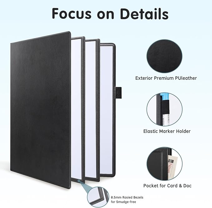 CoBak 6 Sides Portable White Board 12x9 inch (A4) - Notebook Design Dry Erase Small Board with Pocket, Anti-Ghosting Surface for Office, School, Homeschool with Gift Box (Black Pocket Upgrade)