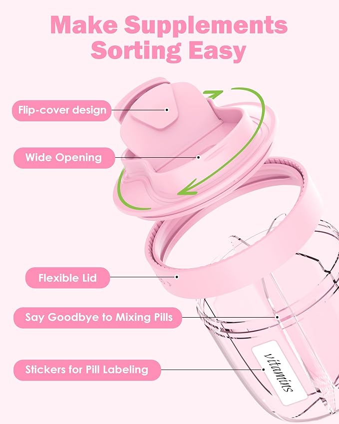 Cute Pill Organizer,Pill Dispenser with 7 Large Compartments,Portable Pill Bottle Box with Wide Opening for Easy Use, Anti-Mix Pills Organizer for Travel,Includes 20 Pcs Sticky Labels（Pink）