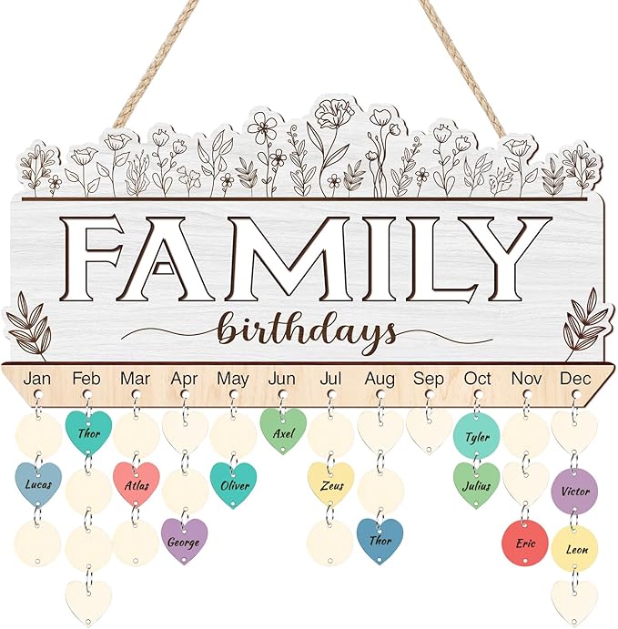 KAlRNE Family Birthday Reminder Board,Decorative Botanical Birthday Tracker Plaque,Anniversary Reminder with 100 Wood Tags,DIY Calendar Plaque Flowers Sign Gift for Family Grandma Mother Day