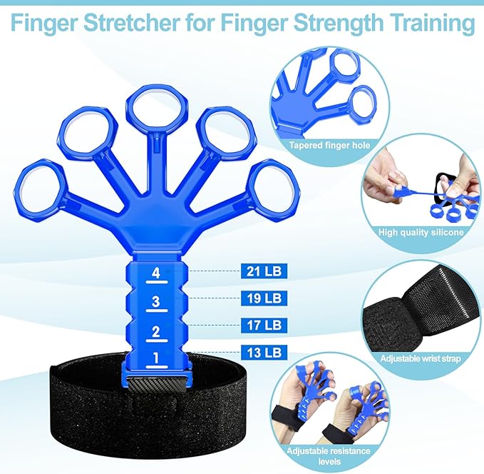 Grip Strength Trainer(5 Pack) with Finger Exerciser, Hand Grip Strengthener, Finger Stretcher,Grip Ring & Stress Relief Ball for Muscle Building and Injury Recover with Carry Bag