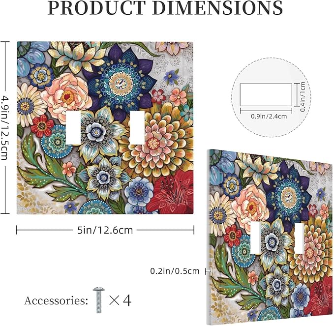 Boho Floral Colorful Floral Multi Color Flower Decorative Switch Plates 2 Gang Double Toggle Outlet Light Switch Cover Wall Plate Electrical Faceplate for Bedroom Living Room Home Decor