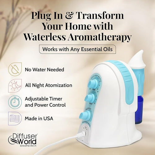 1000 Sq Ft Waterless Diffuser for Essential Oils, Made in USA Blue Waterless Aroma Atomizer for Home Large Room Fragrance, Home Scent Machine, Air Aromatherapy with Adjustable Timer