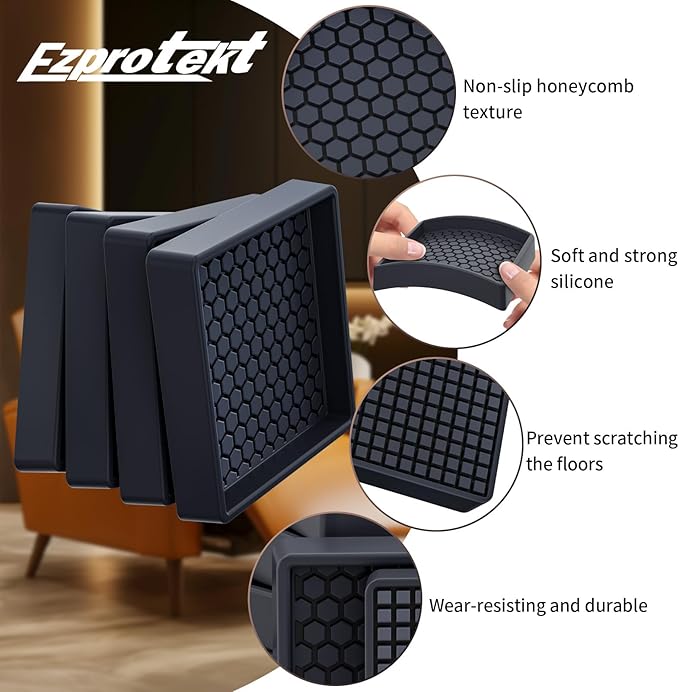 Ezprotekt Non Slip Furniture Pads, 8 Pcs 2.5" Anti Skid Rubber Furniture Caster Cups, Anti-Slip Furniture Coasters for Hardwood Floors, Anti Slide Floor Protectors for Bed Couch Stoppers (Black)