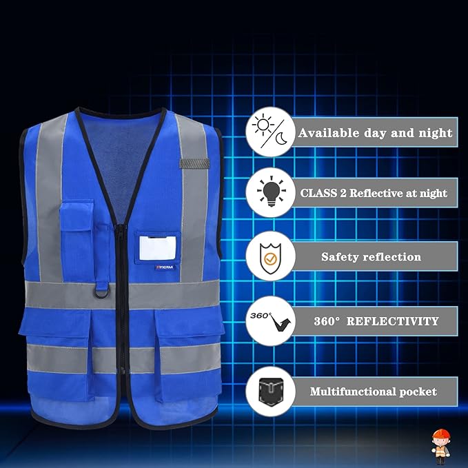 A-SAFETY Blue High Visibility Vests Reflective Work Vest,Hi Vis Bright Neon Color with 4 Reflective Strips 7 Pockets