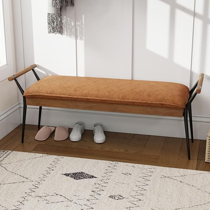 LukeAlon Modern PU Leather Entryway Bench, Upholstered End of Bed Bench with Arms Classic Bedroom Ottoman Bench with Metal Legs Elegant Footstool for Entrance Living Room, Brown