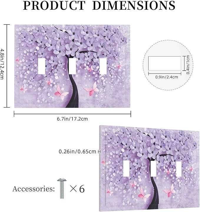Light Switch Cover 3D Purple Tree 3 Gang Wall Plate Triple Light Switch Plate Toggle Decorative Outlet Covers Electrical Switchplate for Bathroom Bedroom Decor