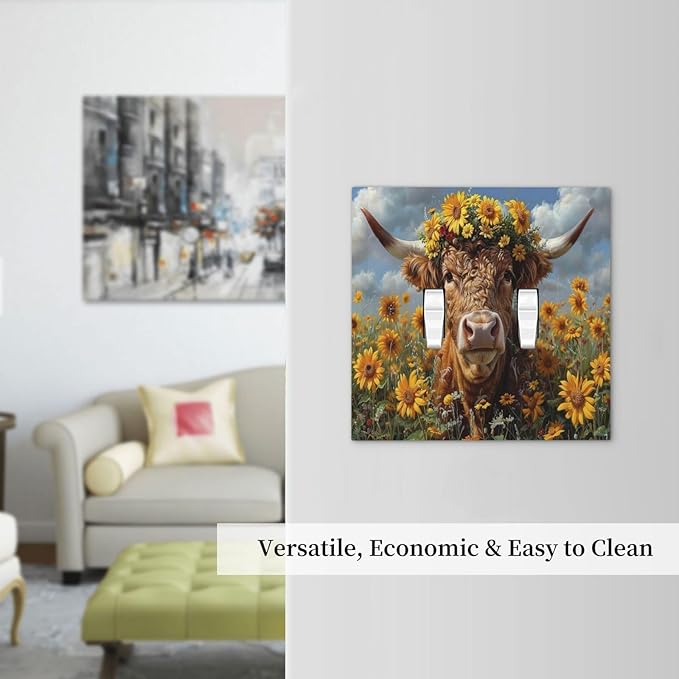 Decorative Switch Plates Vintage Sunflower Highland Cow Rustic Art 2 Gang Double Toggle Outlet Light Switch Cover Wall Plate Electrical Faceplate for Bedroom Farmhouse Decor