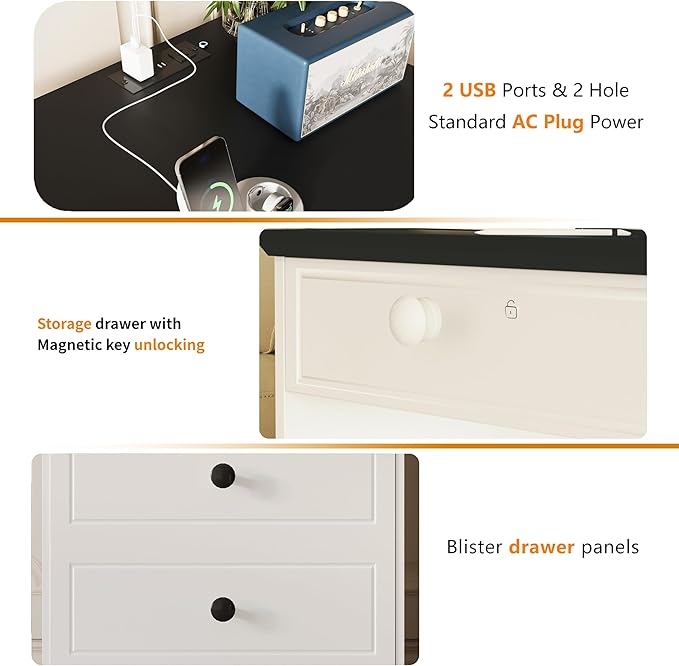 2Pcs Night Stand with Charging Station,Bedside Table with 2 Drawers,Farmhouse End Table and Nightstand,Small Side Table for Bedroom,Living Room