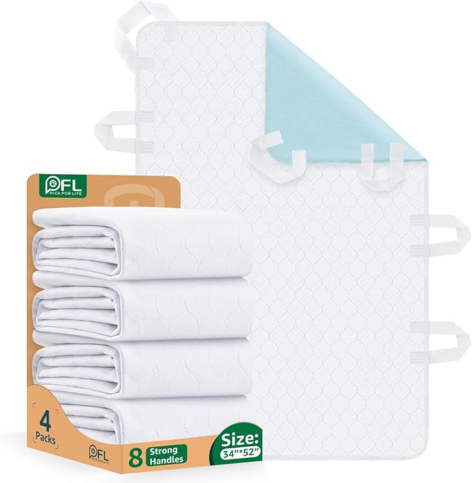 Incontinence Bed Pads Whasbable: Transfer Bed Pads Waterproof with 8 Handles, 4 Pcs 34"x52" Reusable Bed Underpads Absorbent, Positioning Bed Pads for Elderly, Bedwet, Kids, Bedridden, Hospitals
