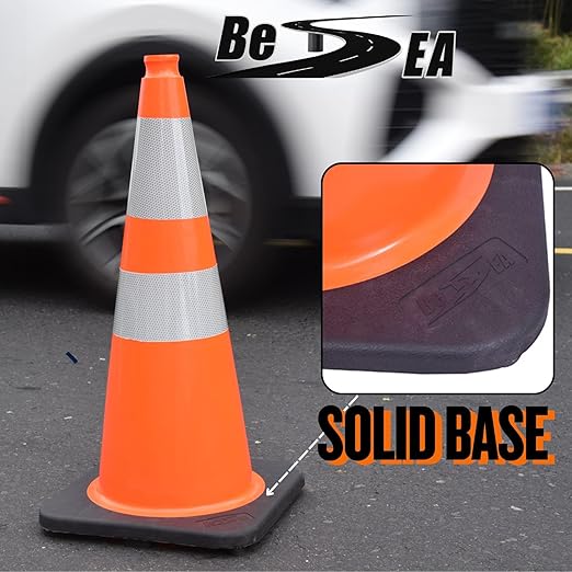 (8 Cones) BESEA 28” inch Orange PVC Traffic Cones, Black Base Construction Safety Cones Road Parking Cone Structurally Stable Wearproof (28" Height)