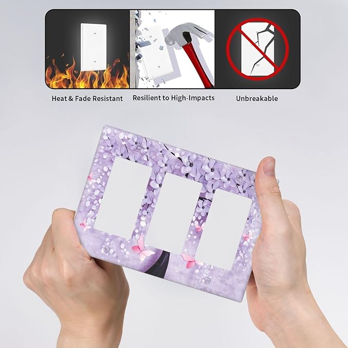 Light Switch Cover 3D Purple Tree 3 Gang Wall Plate Triple Light Switch Plate Rocker GFCI Outlet Covers Decorative Receptacle Cover for Bathroom Bedroom Decor
