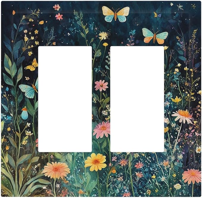 Decorative Outlet Covers Boho Vintage Floral Flower Butterfly 2 Gang Double GFCI Rocker Electrical Wall Panels Light Switch Cover Plate for Bedroom Home Decor