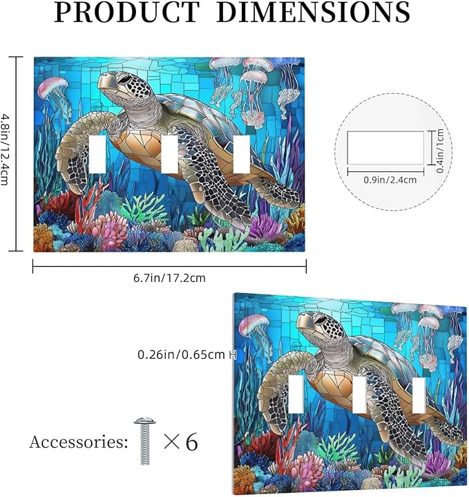 Decorative Switch Plates Nautical Sea Turtle Coral Jellyfish 3 Gang Wall Plate Triple Toggle Light Switch Cover Faceplate Electrical Wall Panels For Kids Room Nursery Decor