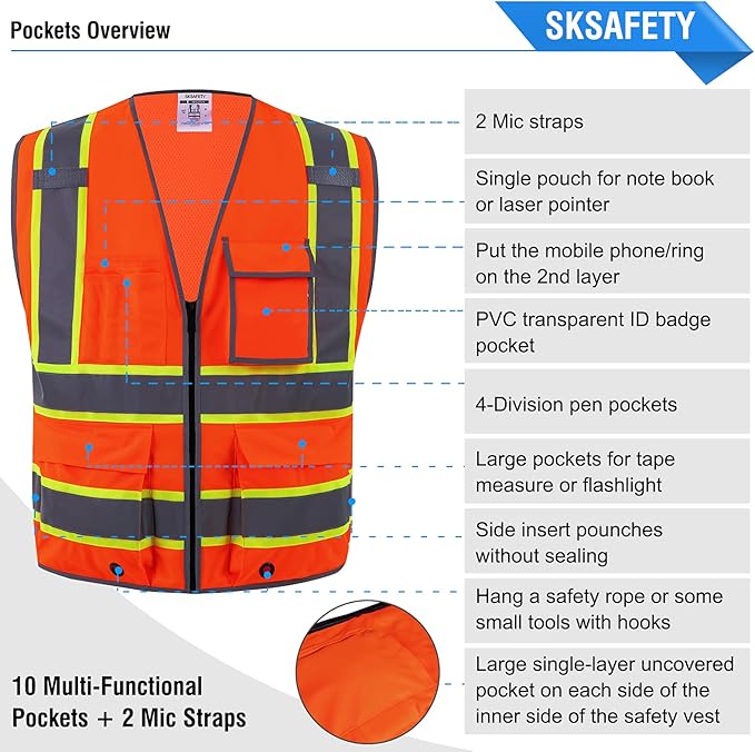 SKSAFETY 10 Pockets Safety Vest, Class 2 High Visibility Security with Zipper Back Mesh, Hi Vis Vest with Reflective Strips, ANSI/ISEA Standard, Construction Work Vest for Men ＆ Women （Orange, XL）