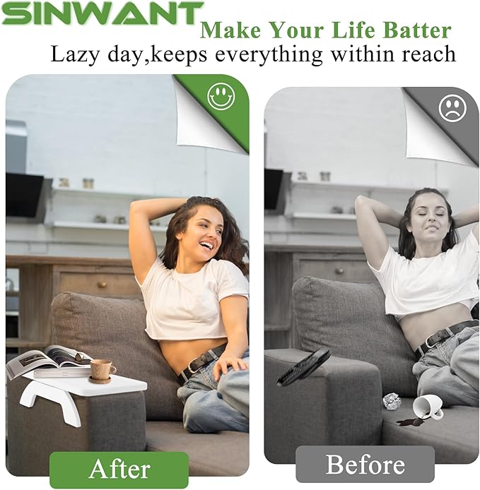 SINWANT Couch Arm Table,Bamboo Couch Arm Tray Clip on Sofa Armrest,Chair Side Table for Small Spaces Drink Eating Dinner