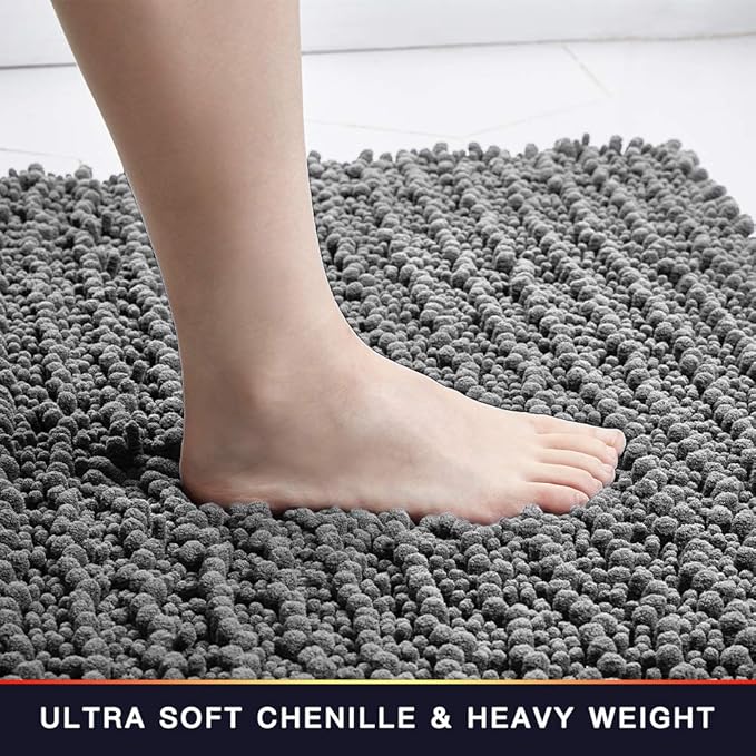 Walensee Bathroom Rug 2 Pieces Set Non Slip Bath Mat (20"x32" Plus 20"x24" U Grey/Gray) Water Absorbent Super Soft Shaggy Chenille Machine Washable Dry Extra Thick Perfect Carpet for Shower Floor