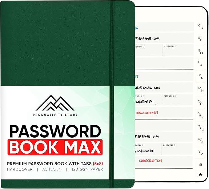 PRODUCTIVITY STORE Best Password Book with Alphabetical Tabs | Password Book, Organizer & Notebook | Password Keeper to Keep Website Logins & Passwords Safe | Green | Medium 5x8