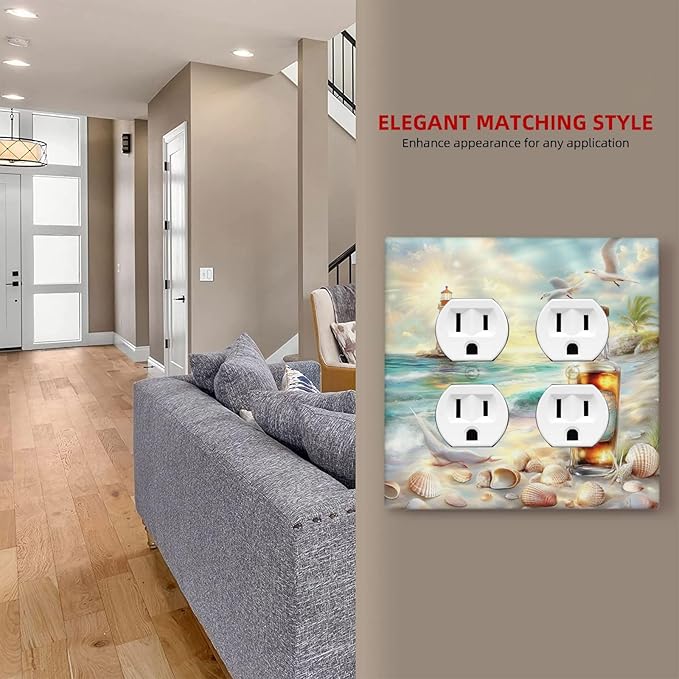 Outlet Covers Beach Ocean Lighthouse Seashells 2 Gang Double Duplex Decorative Light Switch Covers Electrical Wallplates Socket Faceplate For Bed Room Living Room Decor