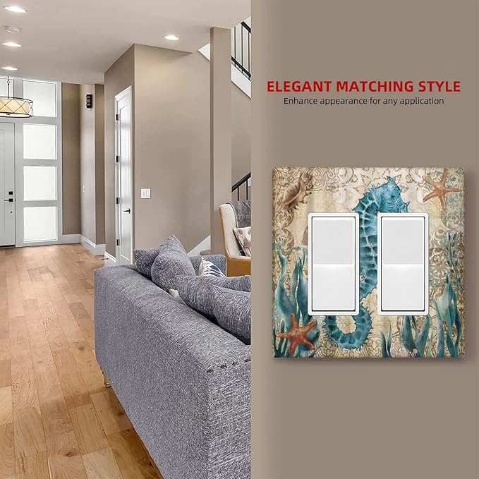 Vintage Blue Seahorse Seaweed Starfish Ocean Nautical Theme Double Rocker/Decora Outlet Cover 2 Gang Light Switch Cover Decorative Gfci Wall Plate Electrical Switchplate for Farmhouse Home