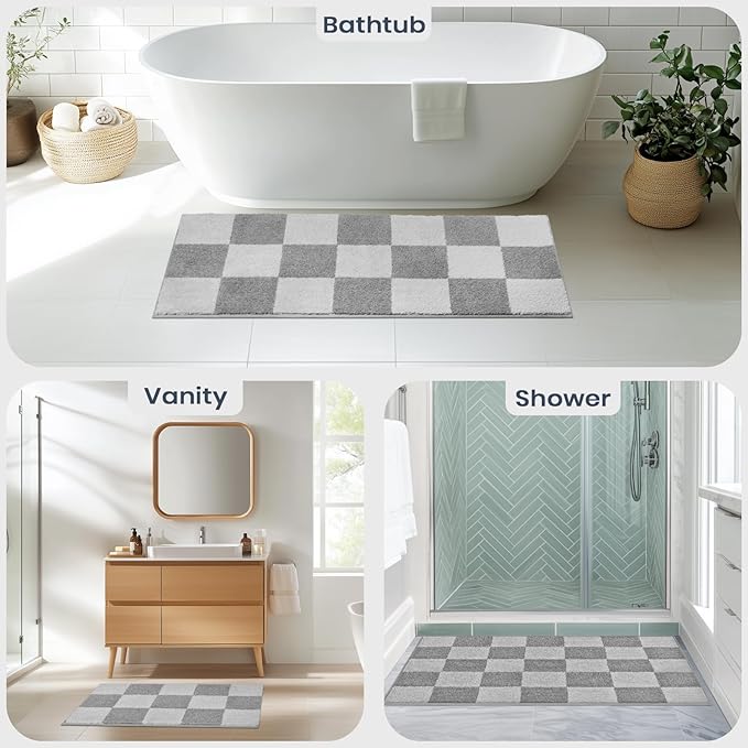 PURRUGS Bathroom Rug Non-Slip Machine Washable 24" x 60", Super Absorbent and Quick-Dry Bath Mat, Extra Soft and Plush Bath Rug for Shower, Bathtub and Sink, Light Grey & Grey