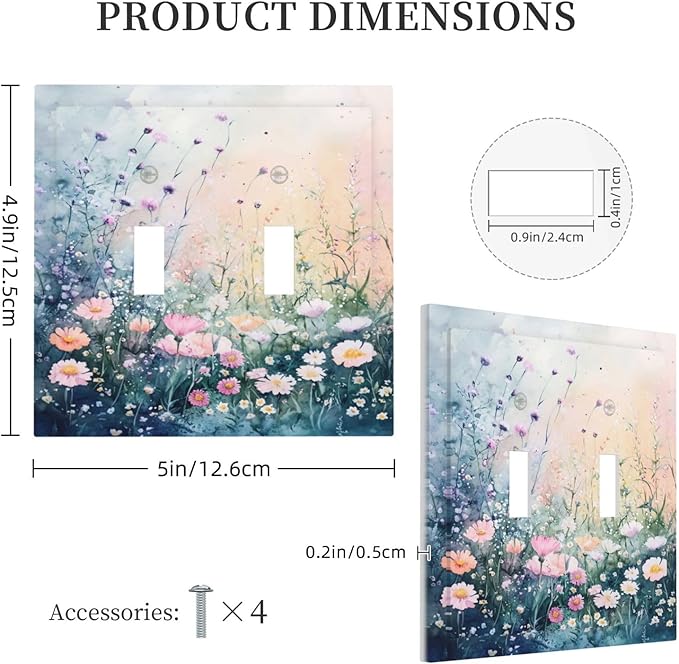 Decorative Light Switch Cover Plate Pink Floral Wildflower Green Plants 2 Gang Switch Plate Covers Double Toggle Wall Plate Dual Device Faceplate for Bathroom Decor