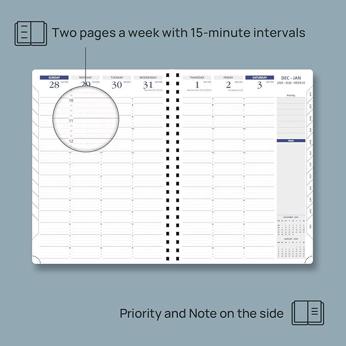 POPRUN 2026 Weekly Planner (A4-8.25'' x 11.75''), Quarter-Hourly Appointment Book (Jan. 2026 to Dec. 2026) with Monthly Tabs, Spiral Softcover, 2 Inner Pockets, Pen Holder - Brown