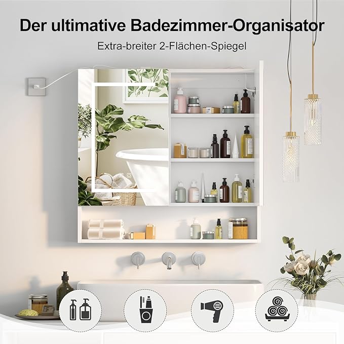 Lighted Medicine Cabinet with 2 Doors,Large Led Medicine Cabinet with Mirror,Anti-Fog, Wall-Mounted Bathroom Mirror with Storage,Brightness Adjustable,31.5" Wx30 H