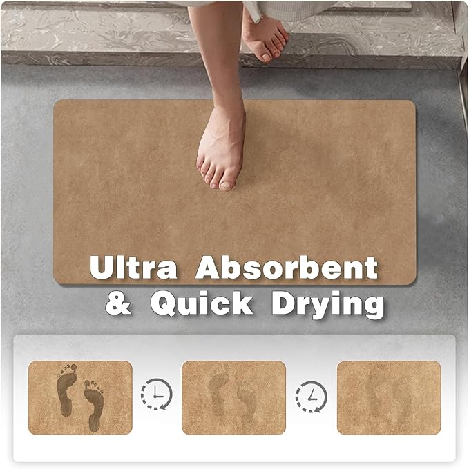 Bathroom Mat Quick Dry, Bathroom Rugs Non Slip Washable Thin Absorbent Bath Mat Fits Under Door Bathroom Floor Mat Perfect for Bath, Shower, or Sink 16"x24" Camel