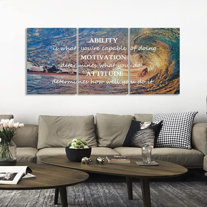Unbruvo Motivational Wall Art for Office, 3 Pieces Canvas Painting with Inspirational Quotes, Ability Motivation Attitude Prints for Living Room Bedroom Study Room Decor (48" W x 24" H)