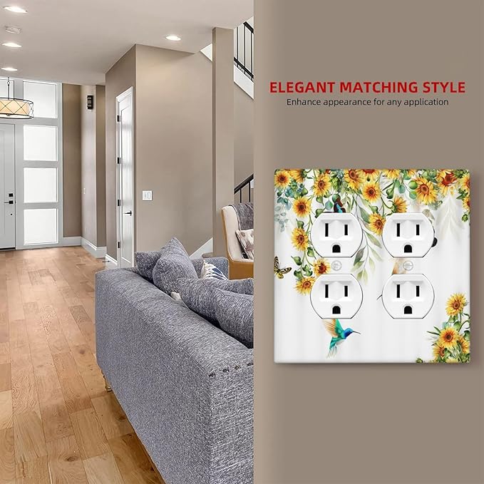 Yellow Sunflower Butterfly with Bird Outlet Covers 2-Gang Duplex Light Switch Cover Plate Decorative Gfci Wall Plate Electrical Receptacle Switch Plate Covers Plug Faceplate for Bedroom Decor