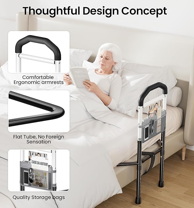 Bed Rails for Elderly Adults Safety, Adjustable Bed Assist Rail for Seniors with Storage Pouch, Widened Support Surface and Secure Legs, Holds 350 Lbs - Fits Twin, Full, Queen, King Bedsds, Black