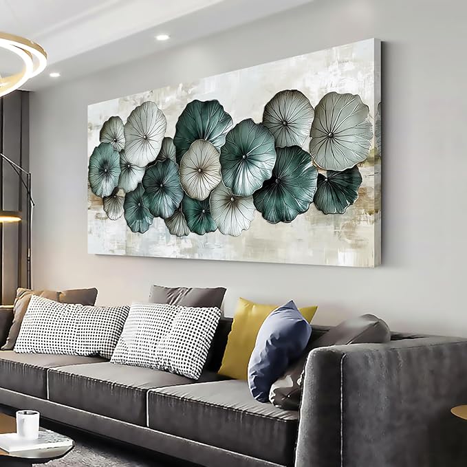 Abstract Cyan Floral Flower Wall Art for Living Room Office Contemporary Art Deco White Painting Prints Modern Canvas Artwork Over The Couch Bedroom Decor Extra Large