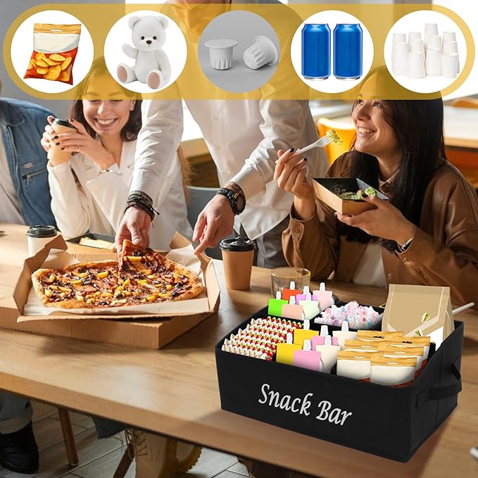 Snack Organizer for Countertop, 6 Compartment Snack Basket Container, Trapezoid Fabric Snack Bin Holder with Side Handles,Lightweight Snack Bar Station Organizer, Kitchen Pantry Storage (Black)