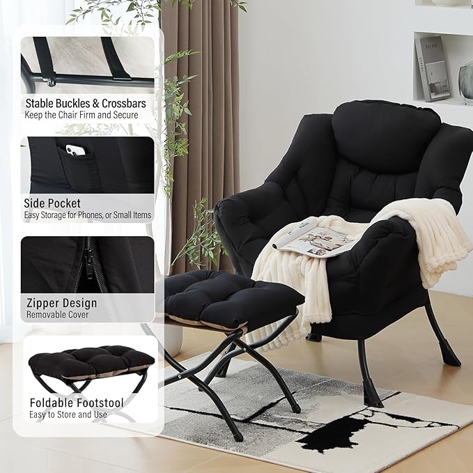 Modern Lazy Chair with Folding Footrest, Lounge Accent & Comfortable Reading Chair (Black)