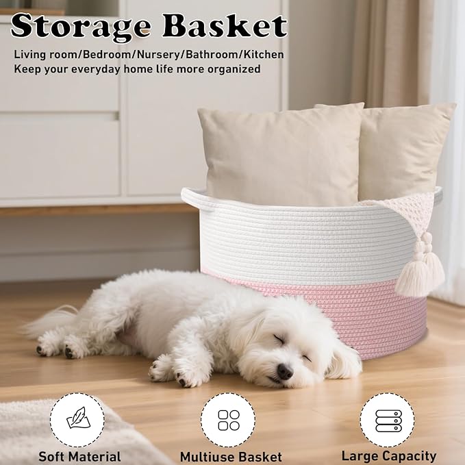 Large Storage Basket with Handle,19.7" L x 19.7" W x 13" H Blanket Basket Storage Bins for Organizing,65L Cotton Rope Woven Baskets for Living Room, Nursery ,Bedroom,White&Pink