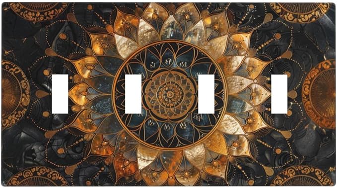 Cool Colorful Mandal Flowers Boho Floral Light Switch Covers Quad Toggle Electrical Faceplate 4 Gang Wall Plate Decorative Switch Plates for Bed Room Living Room Decor
