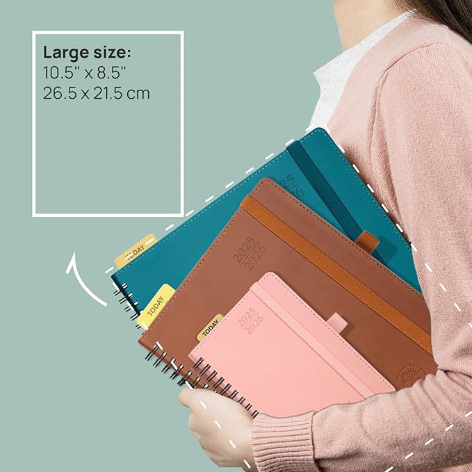POPRUN Planner 2025-2026 (Large - 8.5'' x 10.5'') Academic Weekly Calendar (July 2025 - June 2026) with Hourly Time Slots, Monthly Tabs, 100GSM Thick Papers, Spiral Leather Cover - Grey